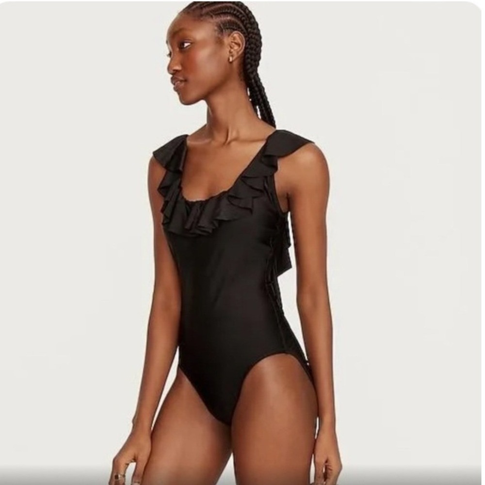 J. Crew Black Ruffle Scoop Neck Back One-Piece Swimsuit AK952 Size 6